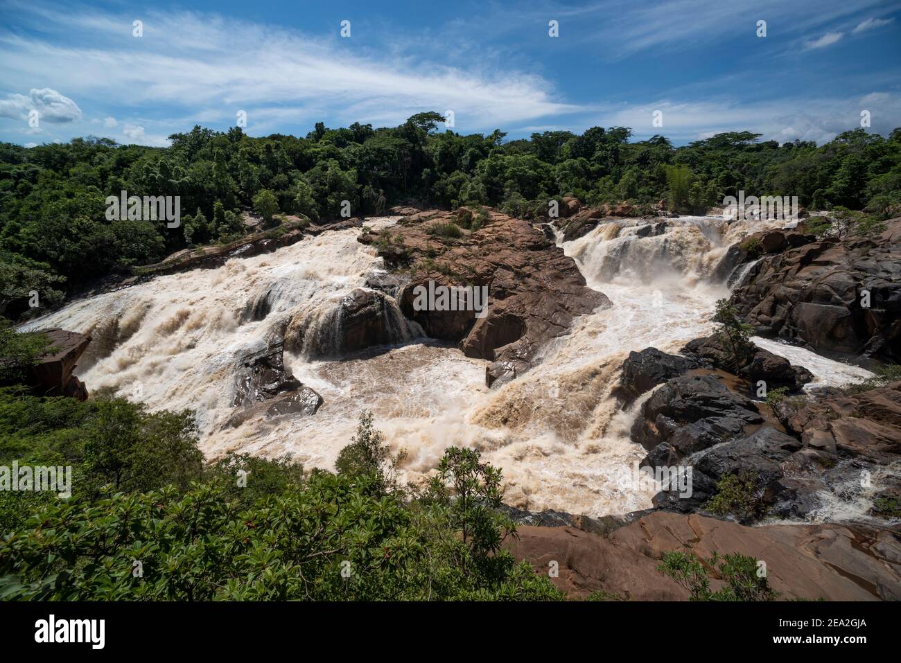 Wide shot of the gushing waterfalls at the Lowveld Botanical Gardens Stock Photo