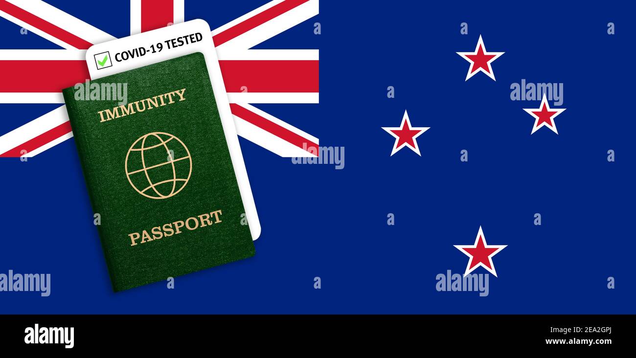 Concept of immunity to coronavirus. Immunity passport and test result for COVID-19 on flag of New Zeland. Vaccination passport against covid-19 that a Stock Photo