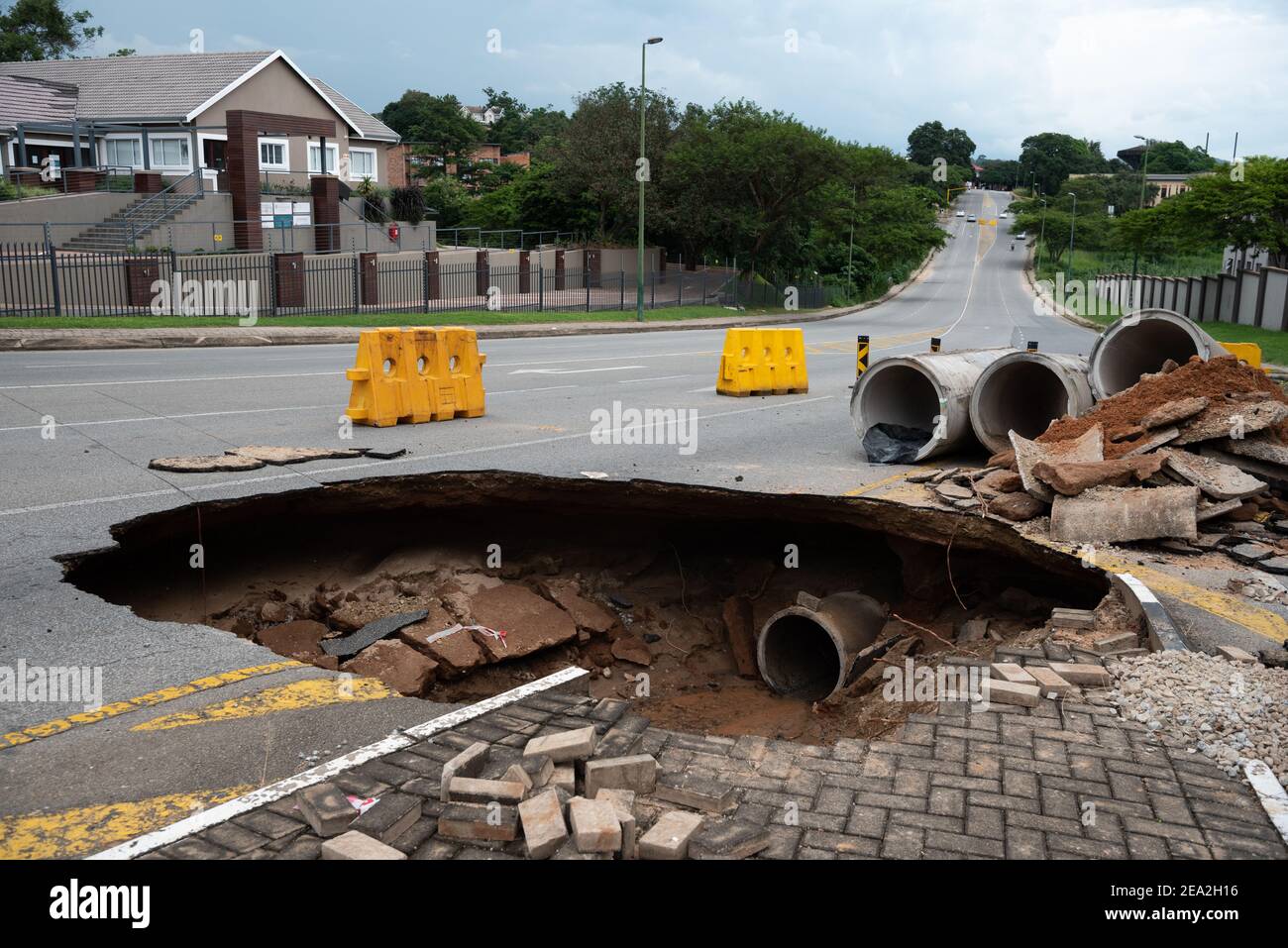 Huge sinkhole in the middle of town as a result of cyclone Eloise Stock Photo