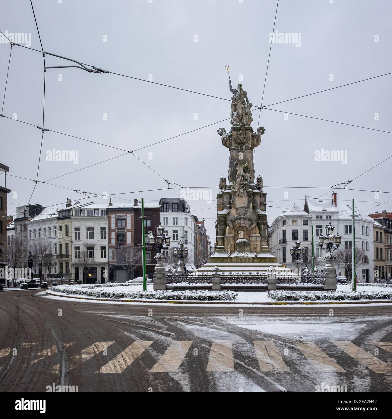 The city center of Antwerp covered in snow. Stock Photo