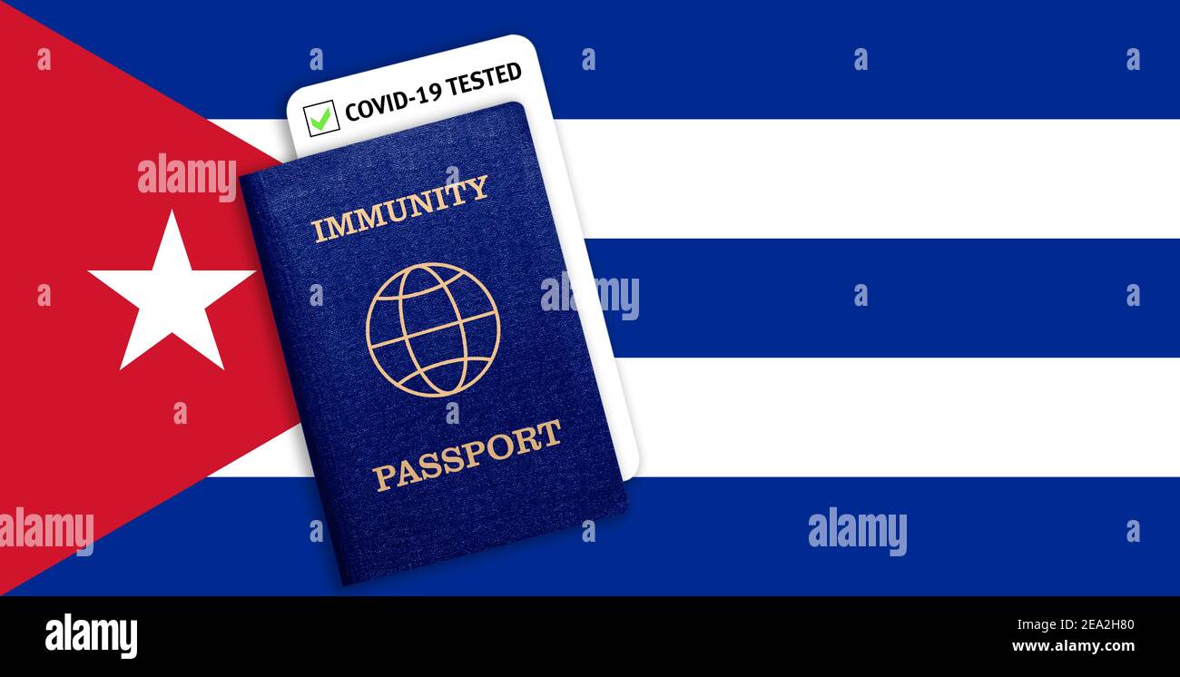 Concept of Immunity passport, certificate for traveling for people who had coronavirus or made vaccine and test result for COVID-19 on flag of Cuba Stock Photo