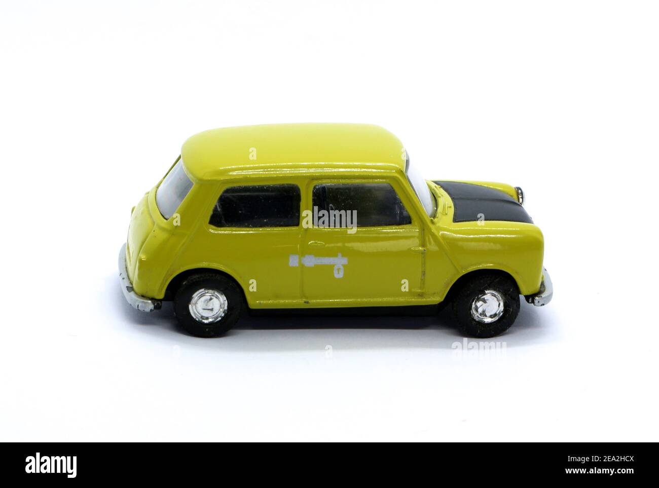 Photo of a Corgi die cast model of the green and black Mini car used in the Mr Bean tv series and films Stock Photo