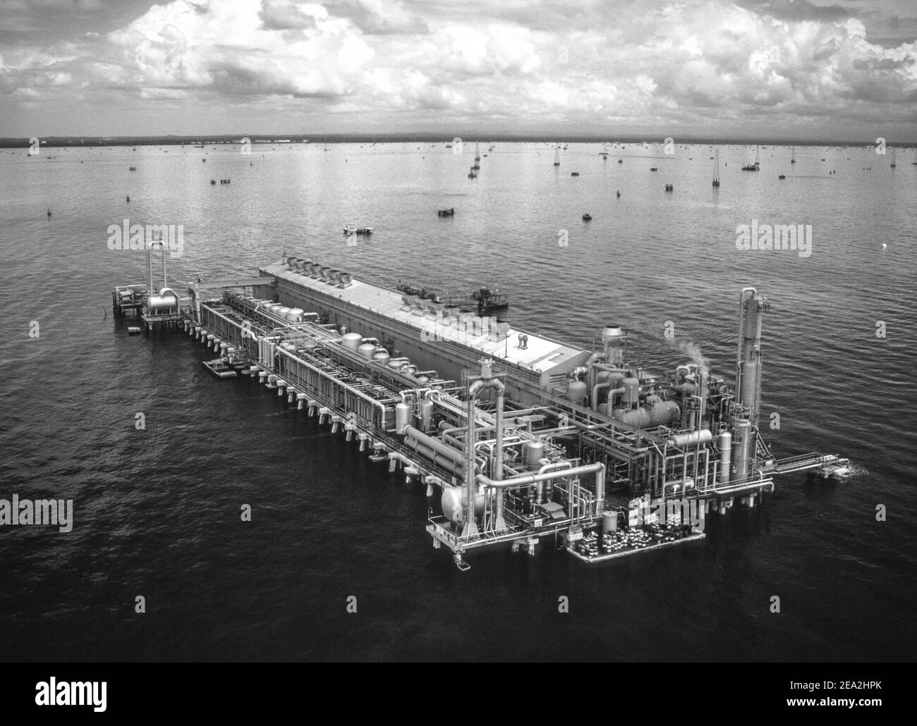 LAKE MARACAIBO, VENEZUELA, OCTOBER 1988 - Aerial of Lagoven oil company gas compression plant on lake, in Zulia State. Stock Photo