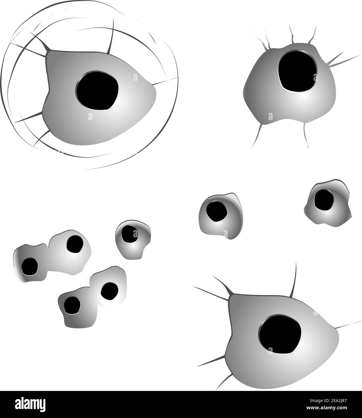 Bullet holes set in metal isolated on white Stock Vector