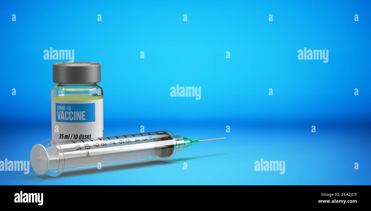 Covid-19 vaccine and business concept: 3d rendered medical injection bottle and syringe on blue background. Science and Pharma industry for health Stock Photo