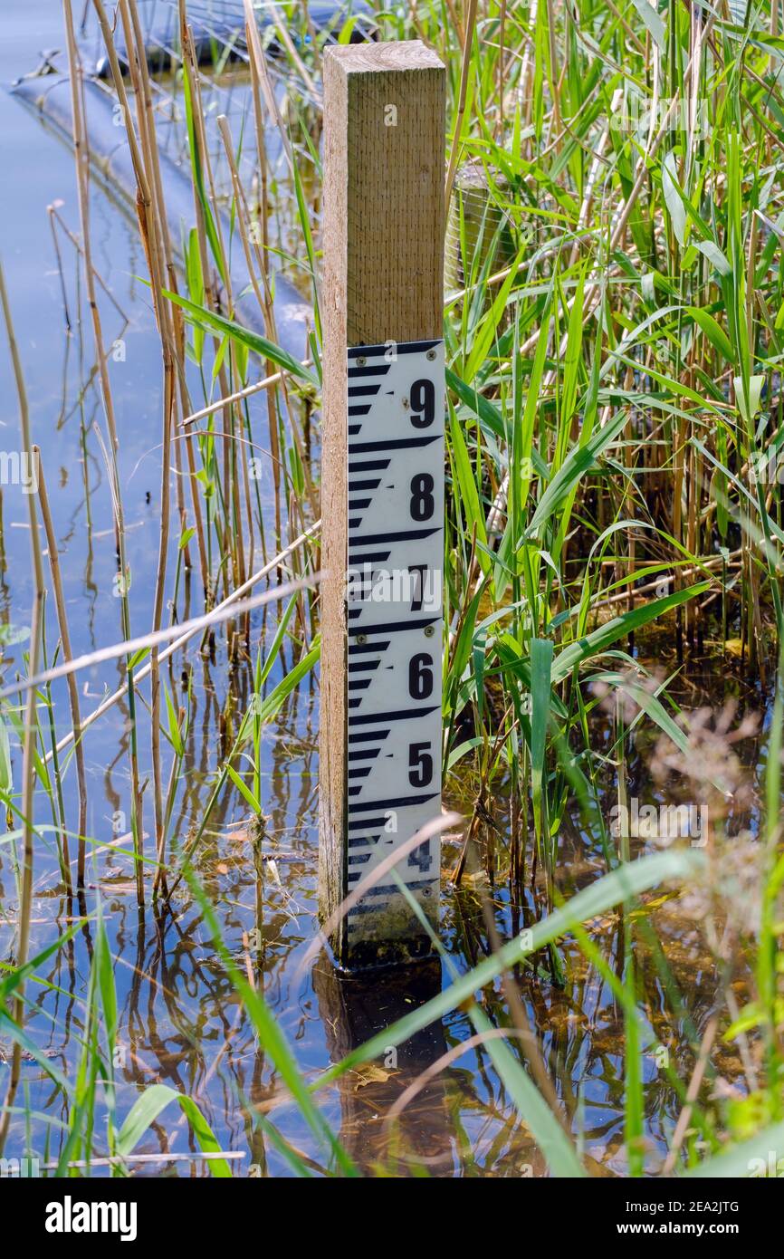 Water level depth gauge board shows the water is 3 feet deep at Batchworth Lake, Rickmansworth Aquadrome, Hertfordshire, England, UK. Stock Photo