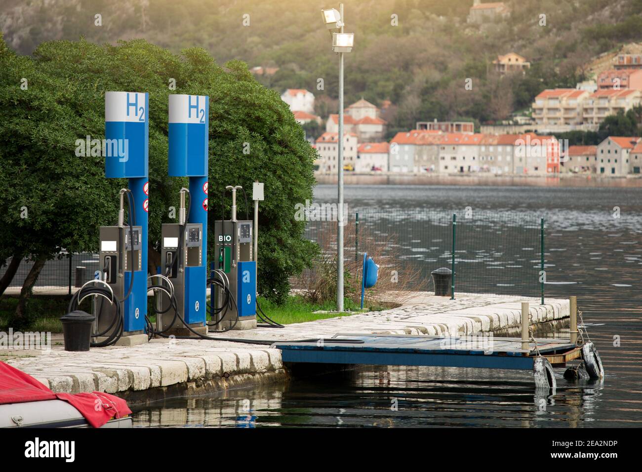 Hydrogen filling station for boats at the pier Stock Photo