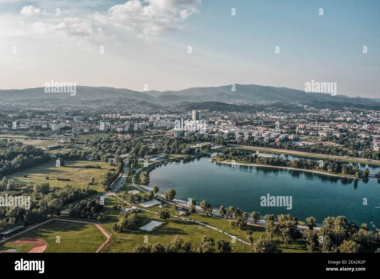 Aerial drone shot of Jarun lake in southeast Zagreb in Croatia summer Stock Photo