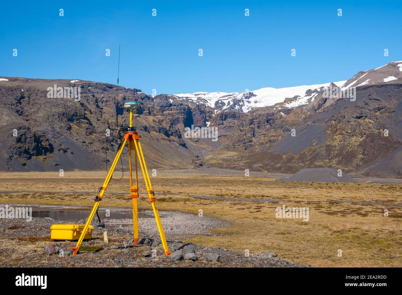 Oraefasveit, Iceland - May 16. 2020: Trimble GPS Surveying equipment in the icelandic countryside Stock Photo