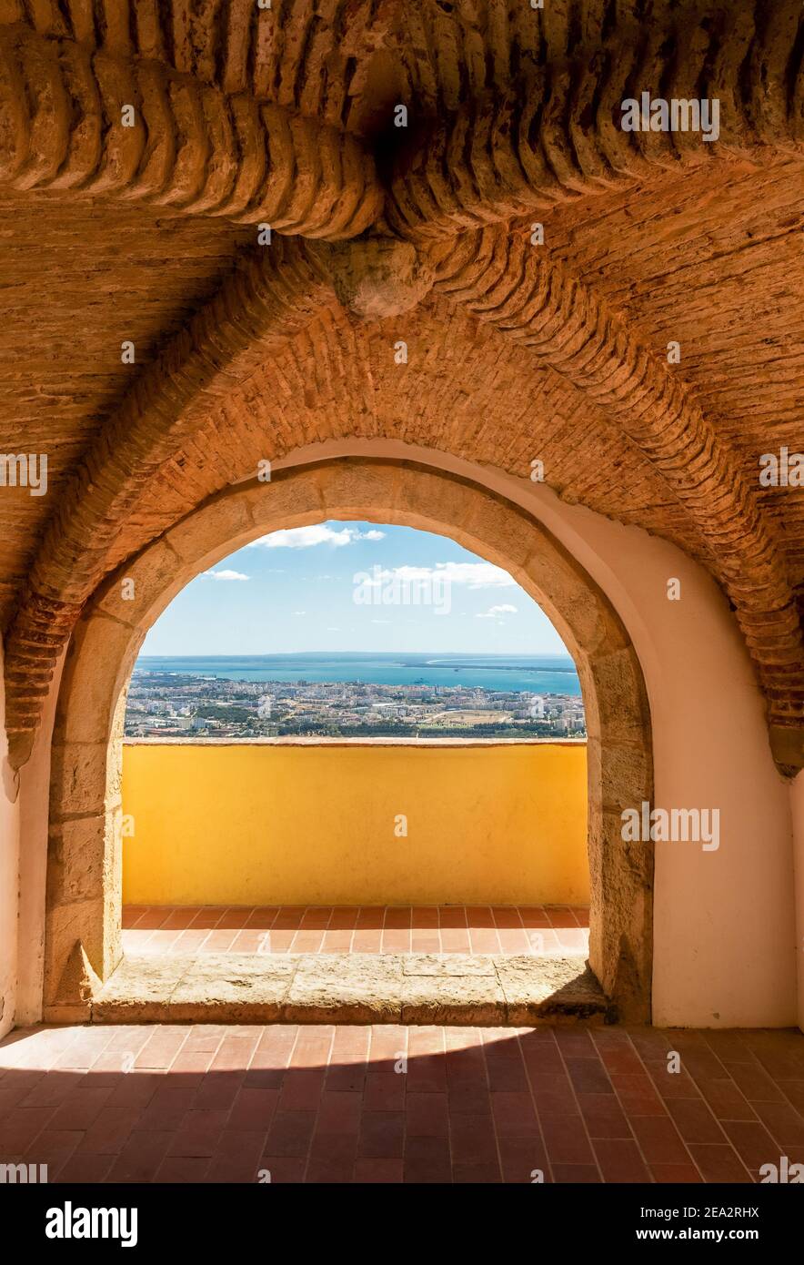Palmela, Portugal - August 29, 2020: Vault and portal at the castle of Palmela, in Portugal, overlooking the city of Setúbal and the river Sado. Stock Photo