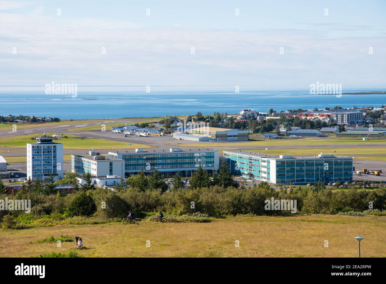 Reykjavik Iceland - September 5. 2020: The flight control tower and Icelandair Hotel Natura at Reykjavik airport Stock Photo