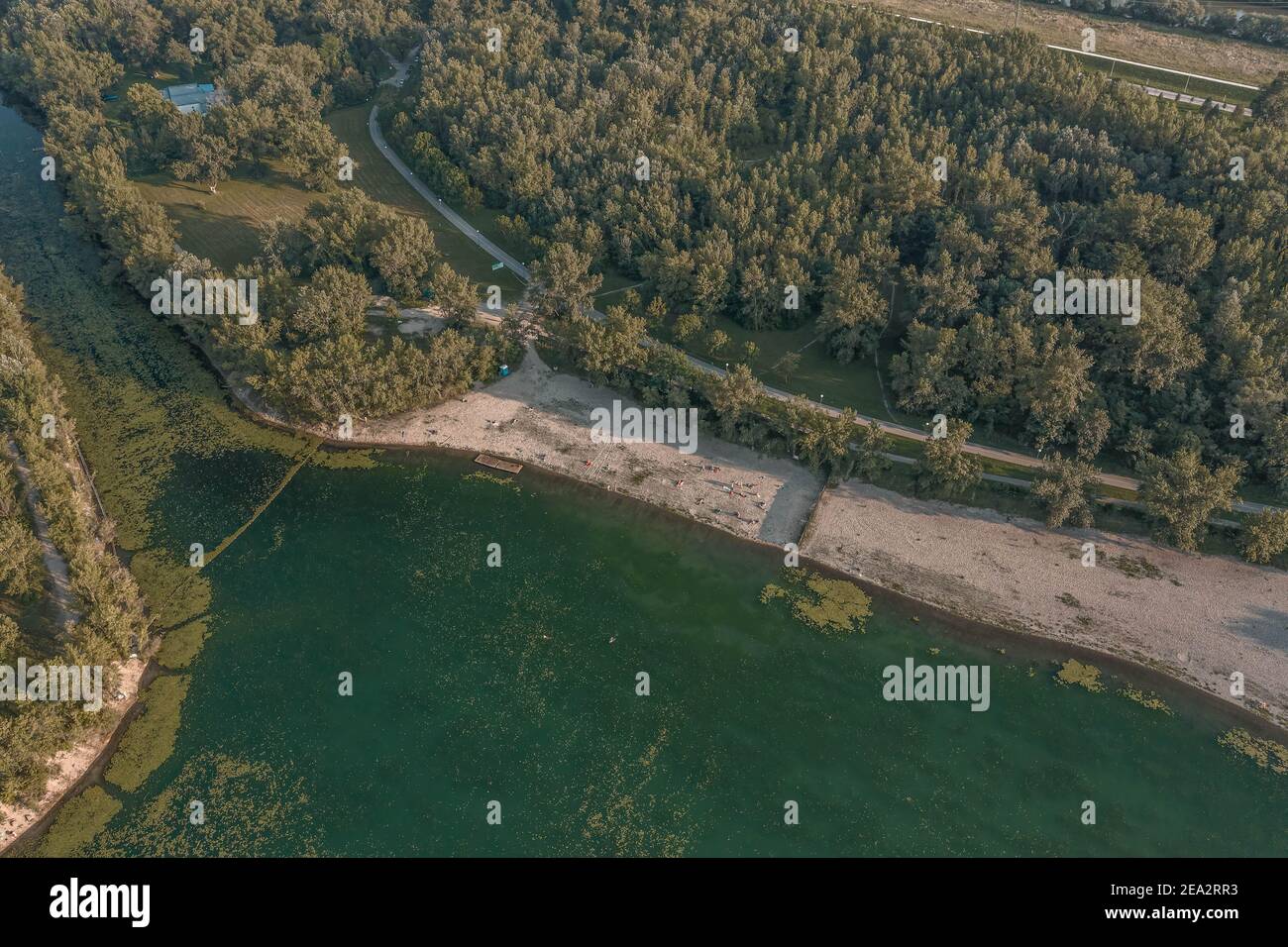 Aerial drone shot of FKK beach at Lake Jarun in southeast Zagreb in