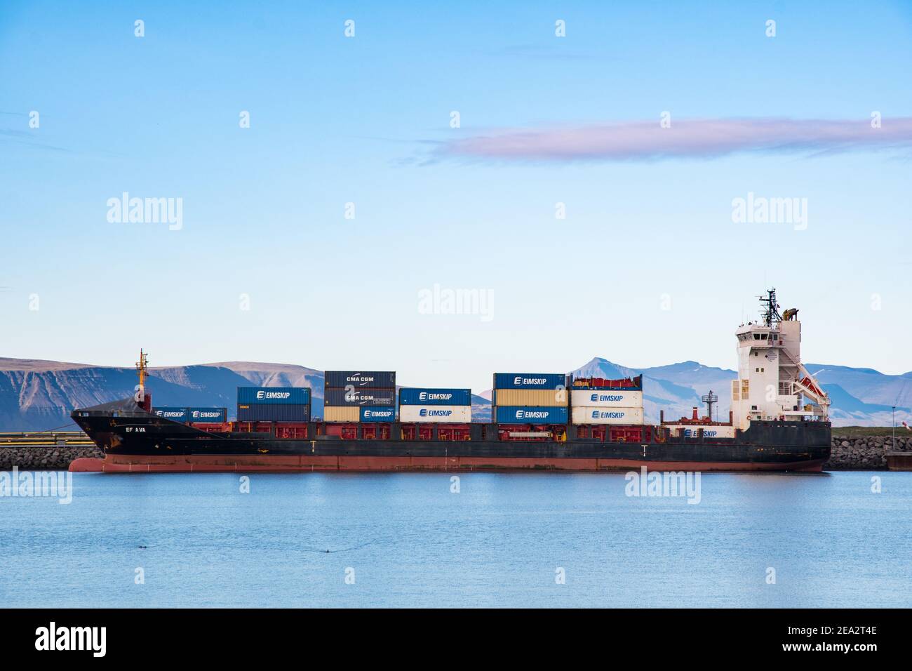 Reykjavik Iceland - September 5. 2020: Container vessel Ef Ava at the pier Stock Photo