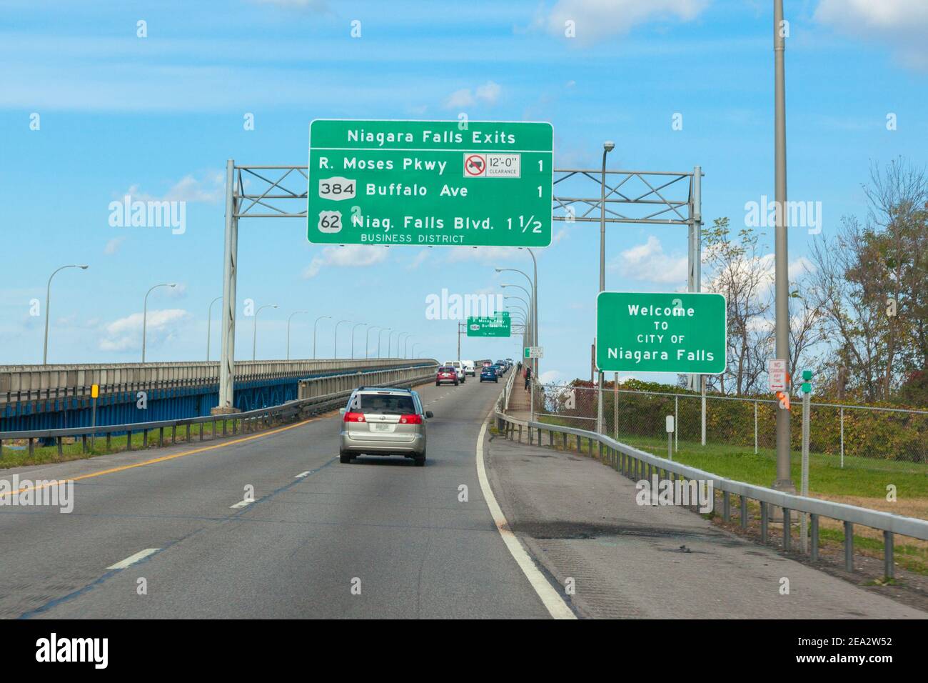 Niagara fall exits. Freeway with car is on the road to the waterfall ...