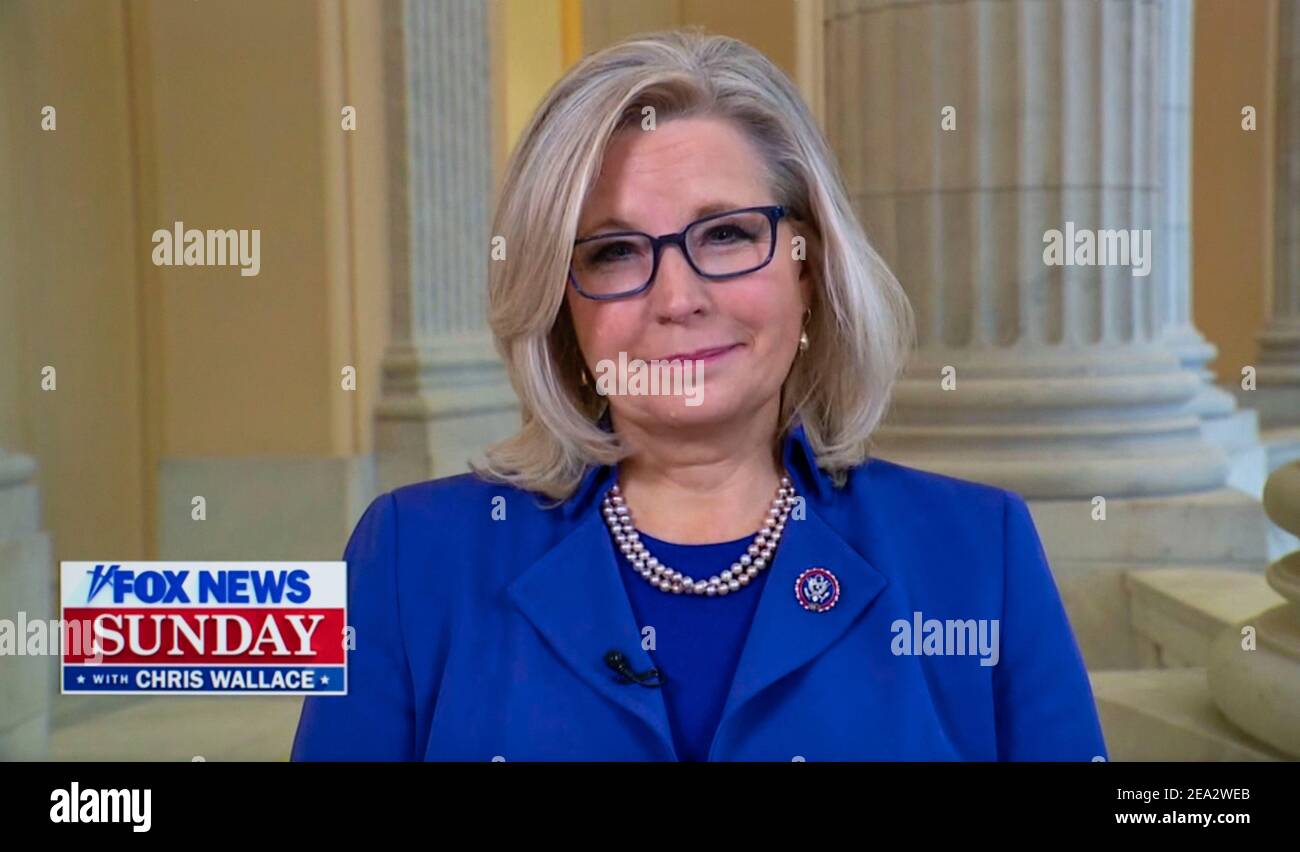 February 07, 2021, Washington, District of Columbia, USA - Representative LIZ CHENEY (RY-WY) speaks with Chris Wallace on 'Fox News Sunday' after a tumultuous few days for the House Republican Conference Chair. On February 3, the House Reoublicans voted to allow her to keep her leadership position despite her vote to impeach President Trump. And on February 6 the Wyoming Republican Party voted to formally censure her after briefly discussing the same matter.(Credit Image: © Fox News Sunday/ZUMA Wire) Stock Photo