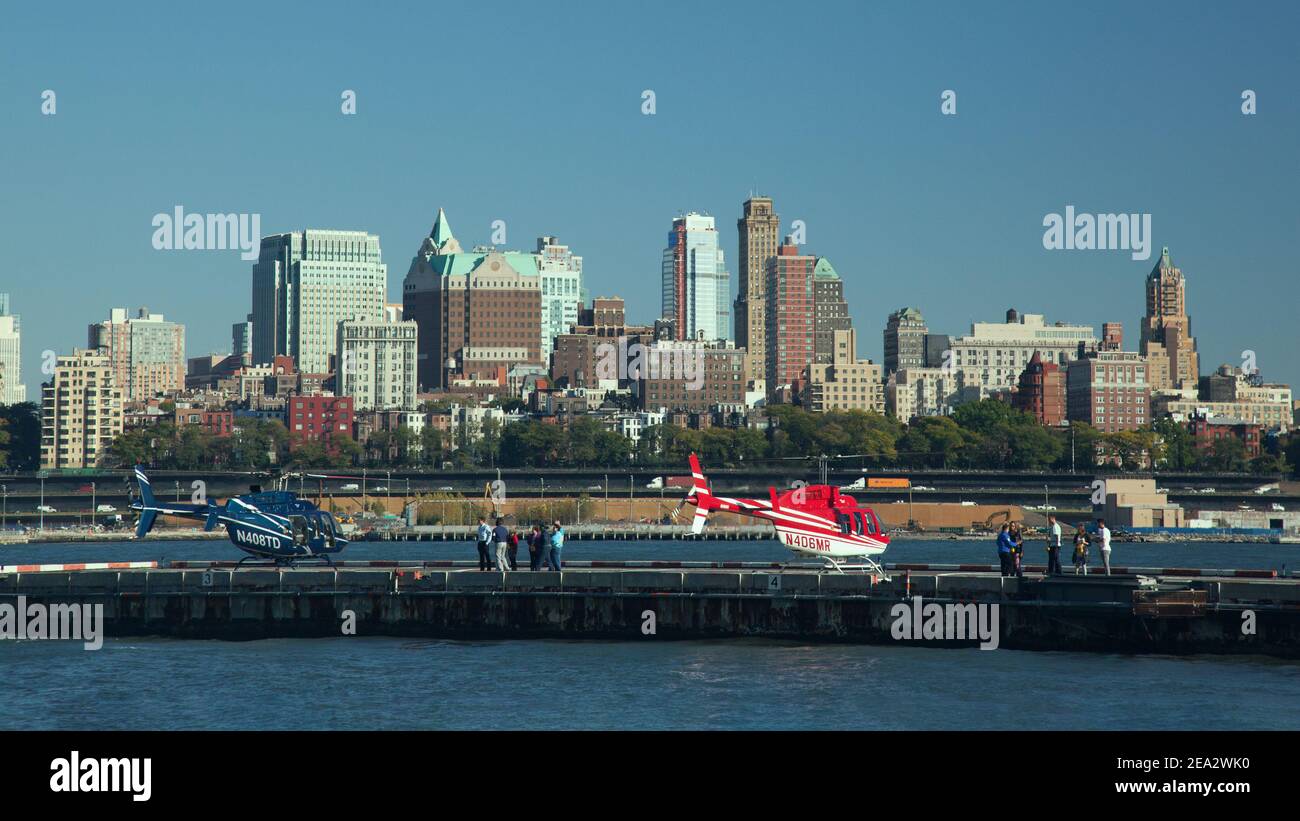 NEW YORK CITY, USA:  Downtown Manhattan Heliport. Toned blue image. Stock Photo