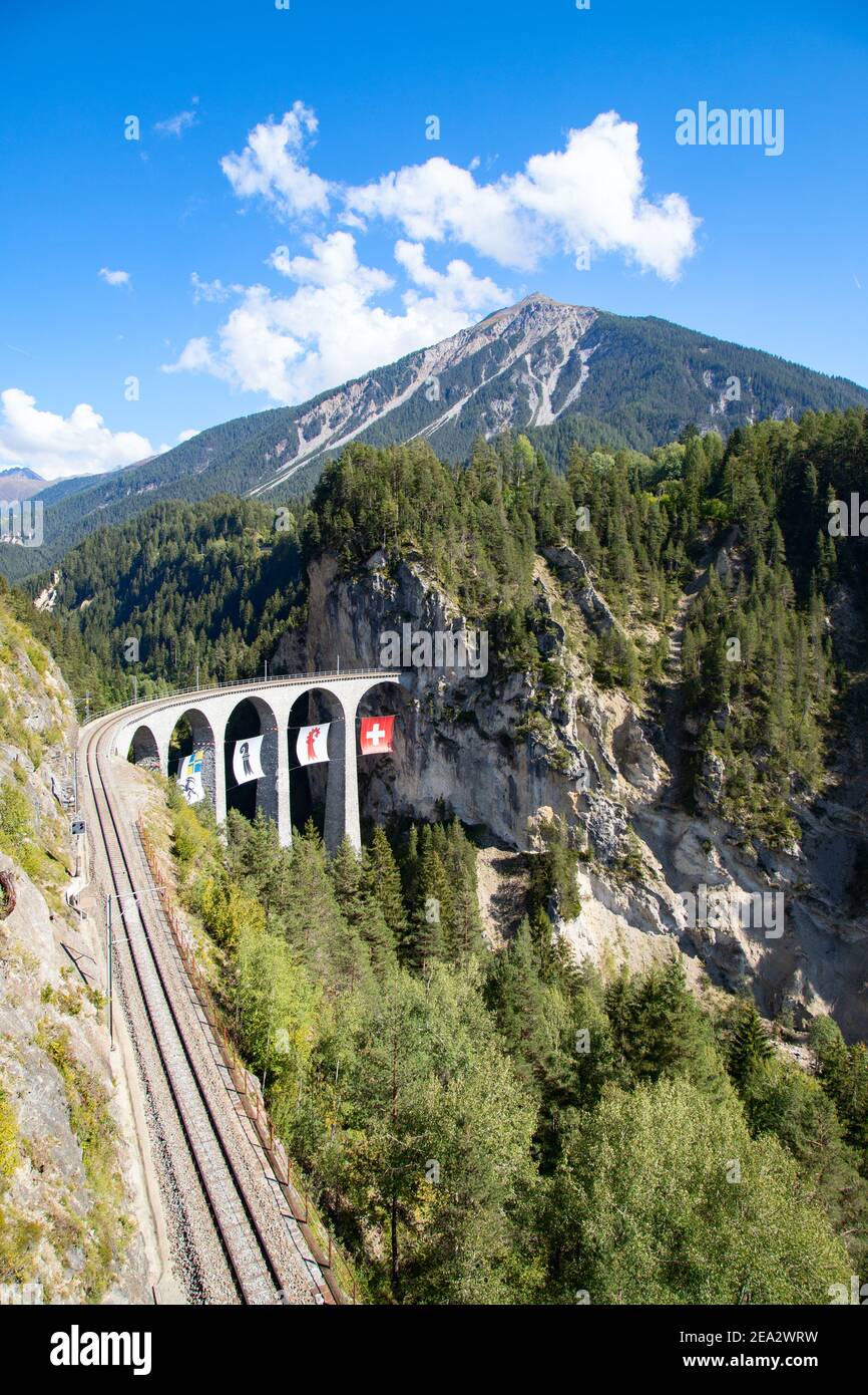 Famous Landwasser viaduct nearby Filisur town in the swiss alps Stock Photo