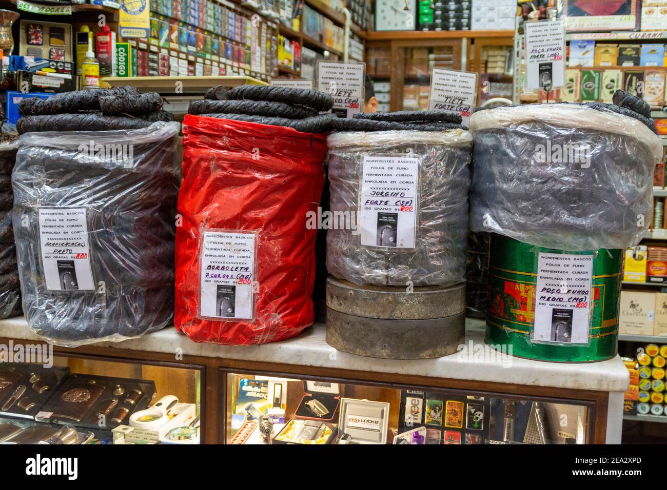 tobacco leaf store Rolled Brazilian tobacco leaf on sale at a large spice store at the  historic public under covered Municipal Market (Mercado Municipal de Sao  Paulo) on Stock Photo