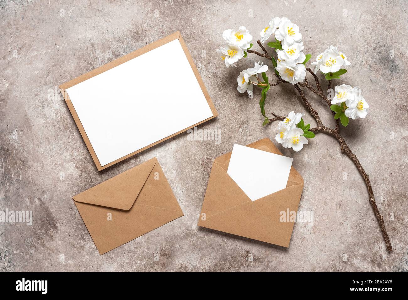 Blank wedding card mockup in brown envelopes and cherry blossom branch (artificial). Beige grunge background. Spring stationery still life. Top view, Stock Photo
