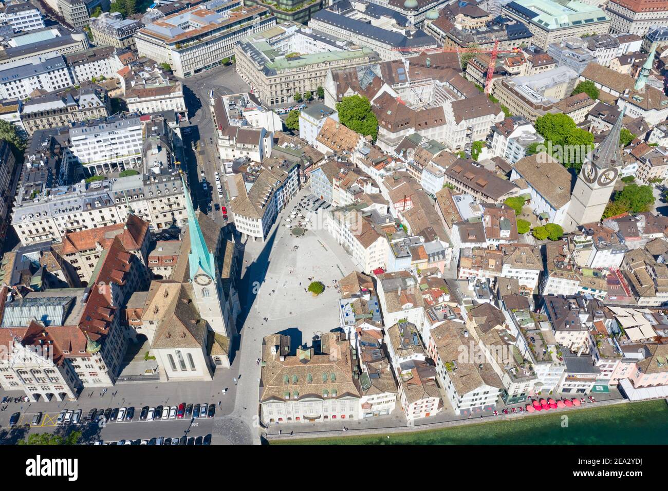Aerial view of Limmat river and famous Zurich churches. Zurich is important financial center of