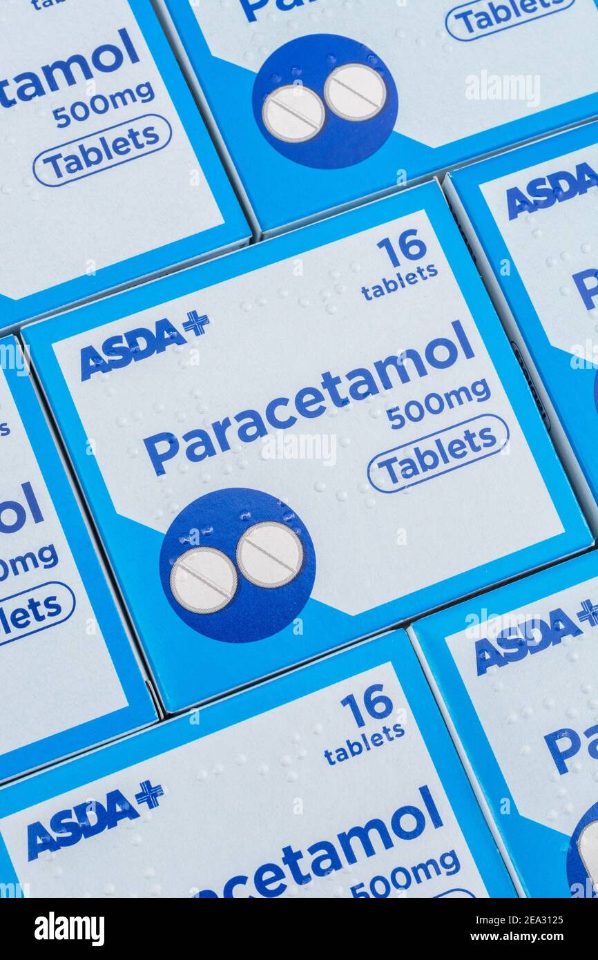 ASDA own-label Paracetamol tablets packaging. For over the counter / OTC medicines in the UK, and supermarket own-label brands. Stock Photo
