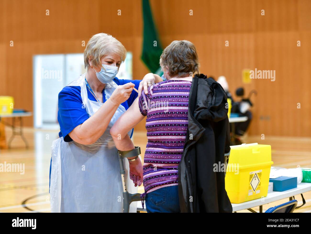 A Covid19 vaccination session held at Workington Leisure Centre in Cumbria using the Oxford Astra Zeneca vaccine. The cohort being given the vaccine are those over 70 years-old along with younger people who had been shielding or were clinically extremely vulnerable. The Workington Primary Care Network relocated from the town's surgeries to the larger space of the leisure centre to speed up the vaccine delivery to fight Coronavirus, Covid-19: 6 February 2021 STUART WALKER  Stuart Walker Photography 2021 Stock Photo