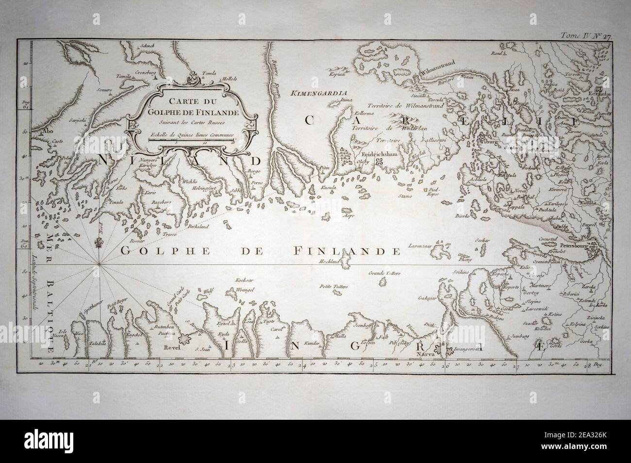 Carte du Golphe de Finlande by Jacques-Nicolas Bellin, an original copper plate engraving from the year 1760. This Bellin (1703-1772) map gives to you Stock Photo