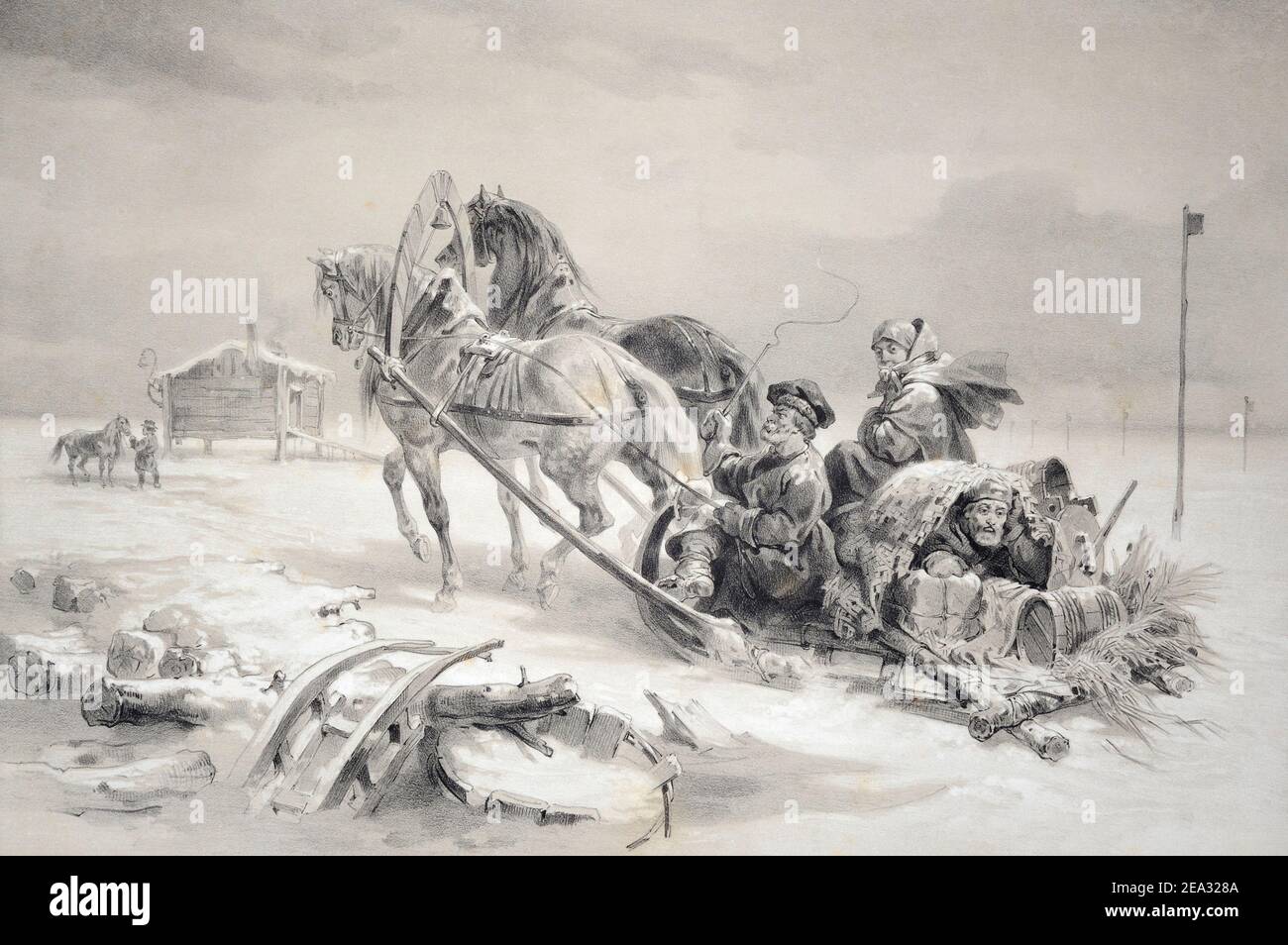 A Russian family in a sleigh on the ice road of the Gulf of Finland. The ice roads shortened and flattened the way between towns and villages during t Stock Photo