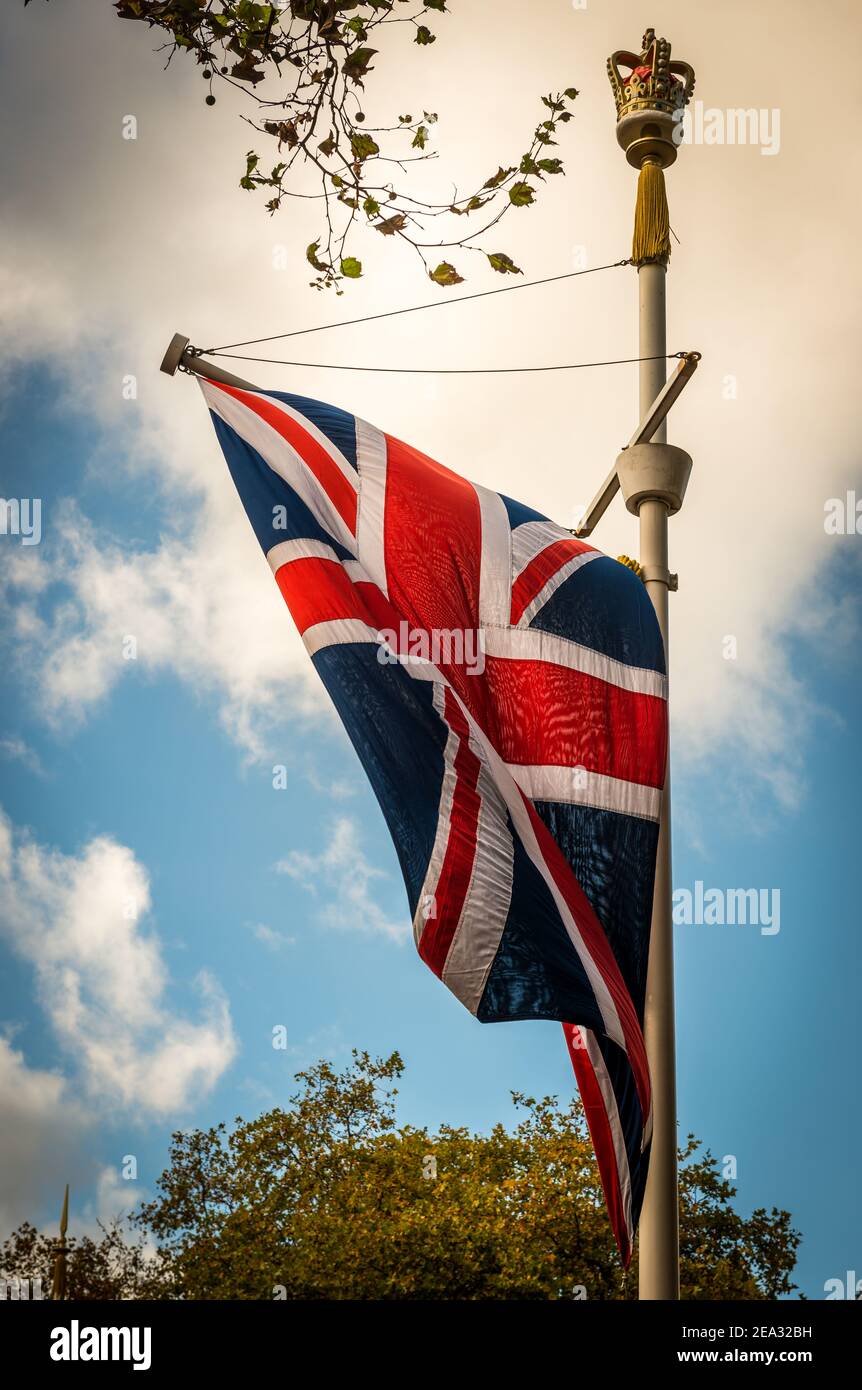 The Union Jack, Flag of the United Kingdom waving on The Mall in London, England, UK Stock Photo