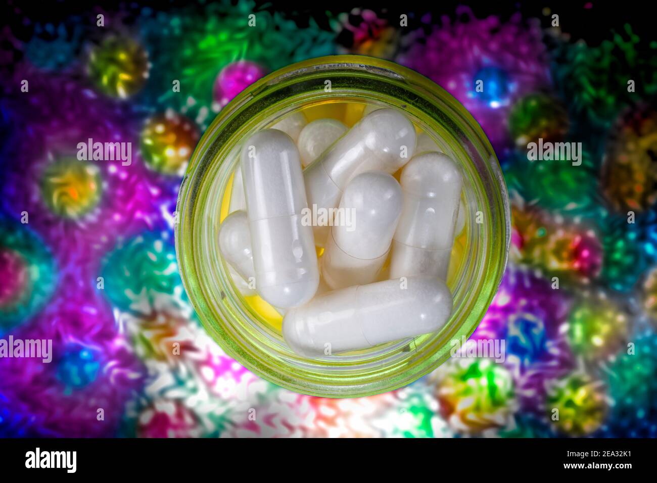 White Pills In Yellow Glass Jar on Psychedelic Background. Strange Colorful Pattern. Mental Journey Reflection. Stock Photo