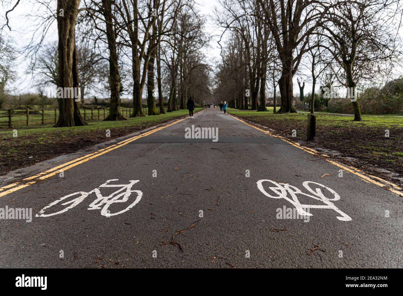 Cardiff, Wales - February 3rd 2021: General view of the cycling lane, in Llandaff Fields, Cardiff Stock Photo