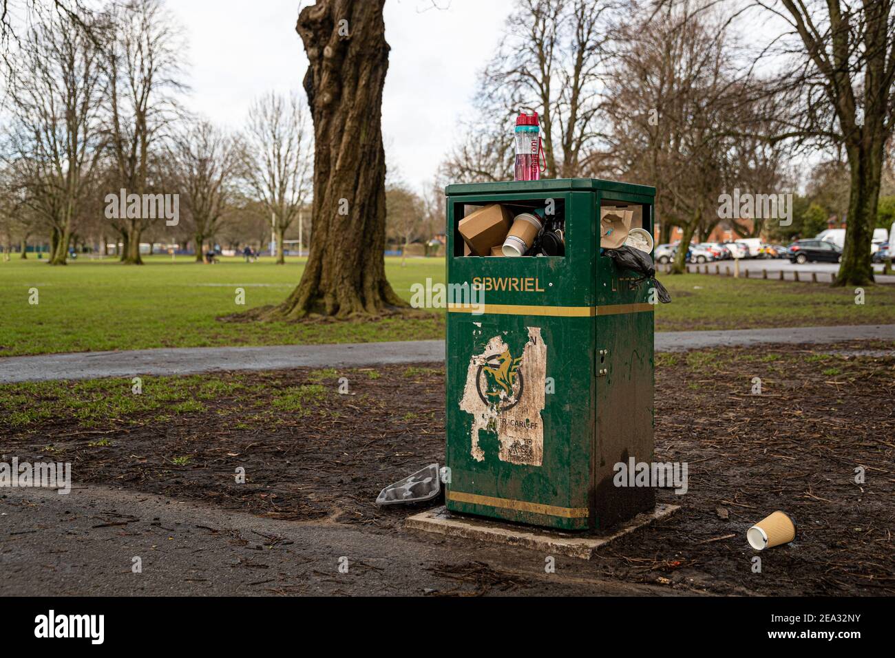 Cardiff, Wales February 3rd 2021 A litter bin overflows with rubbish