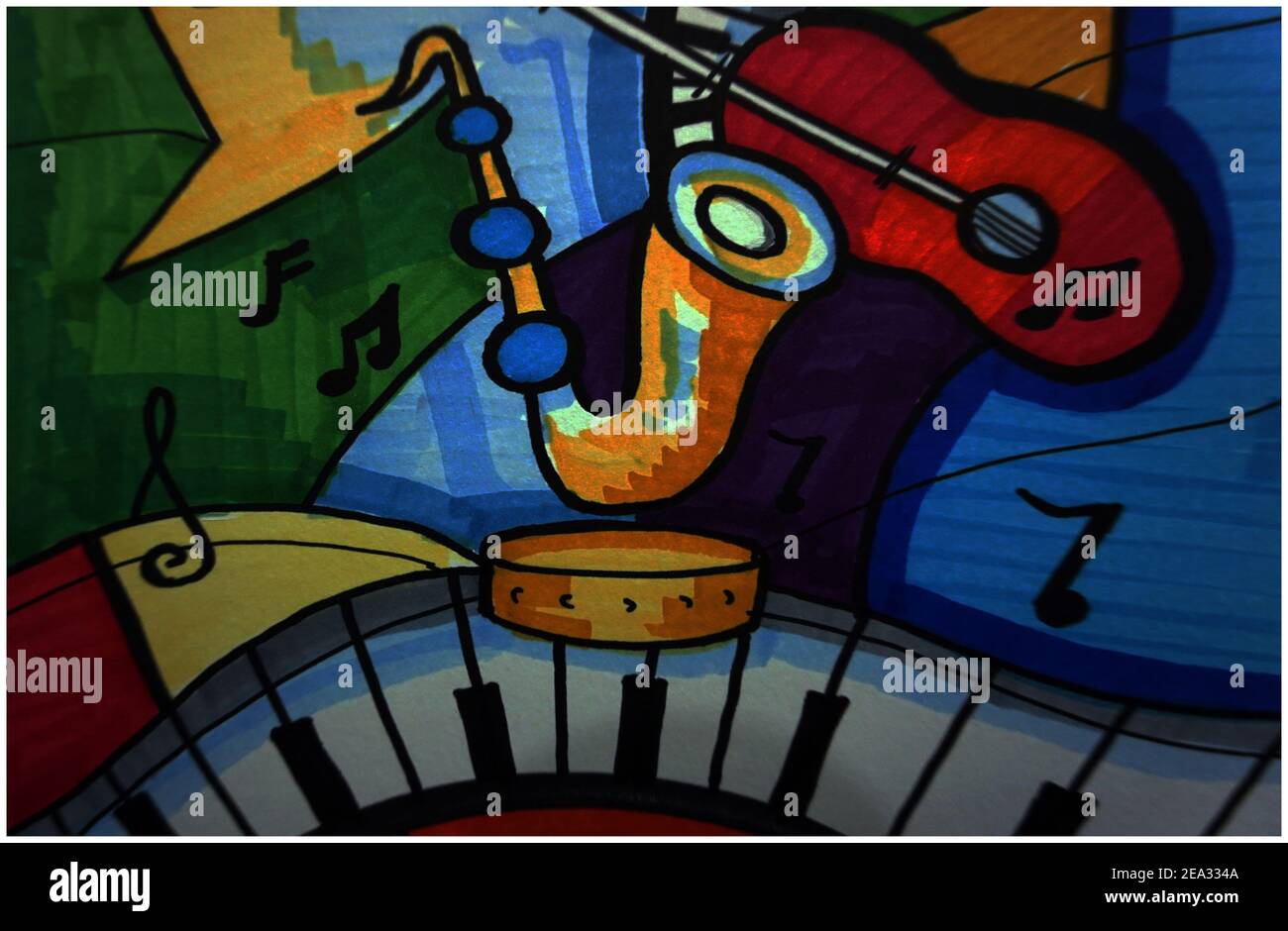 Art ,Drawing ,Abstract ,Copic, color  music tone , musical instruments , melody music Stock Photo
