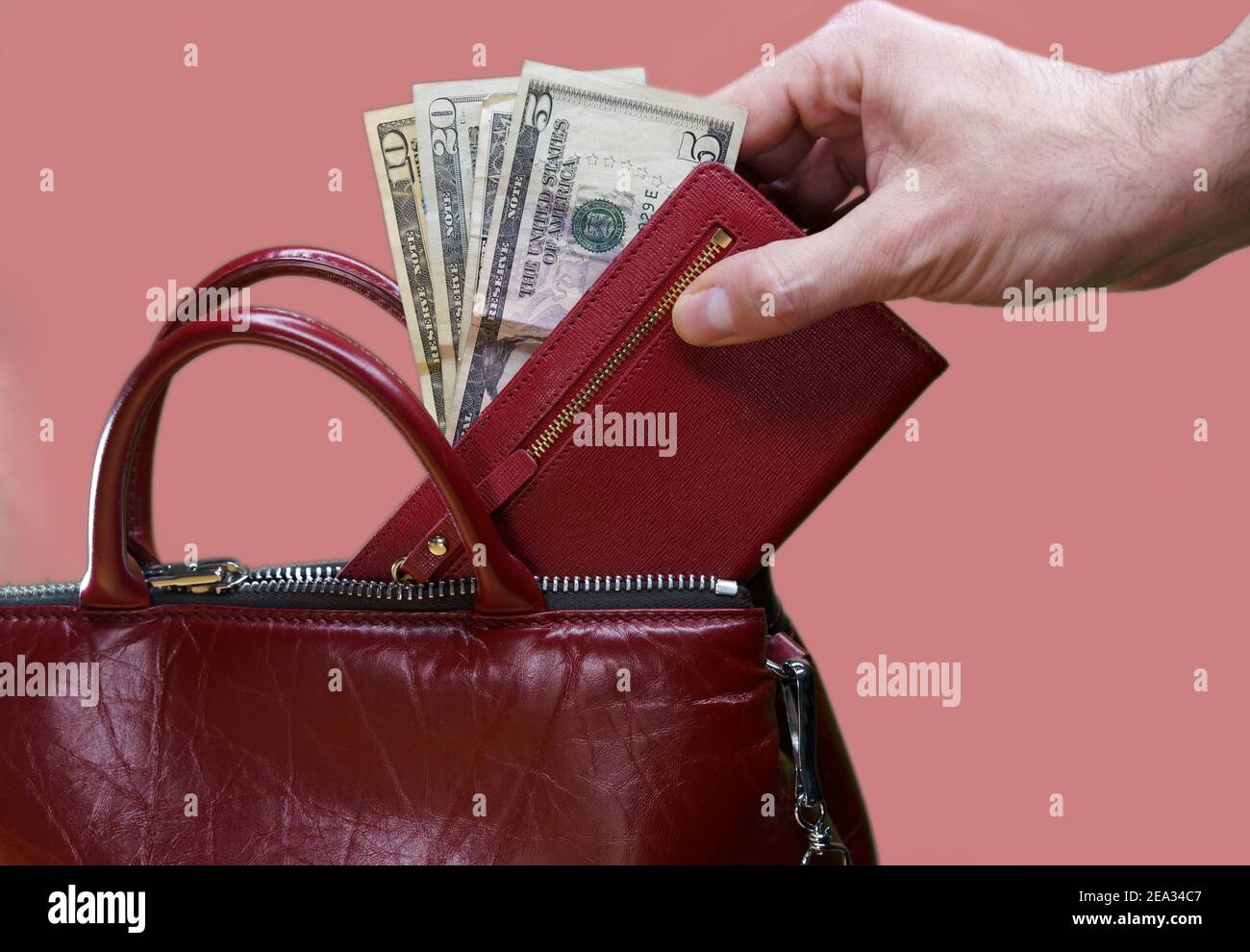 Hand stealing wallet with money from inside a purse Stock Photo Alamy