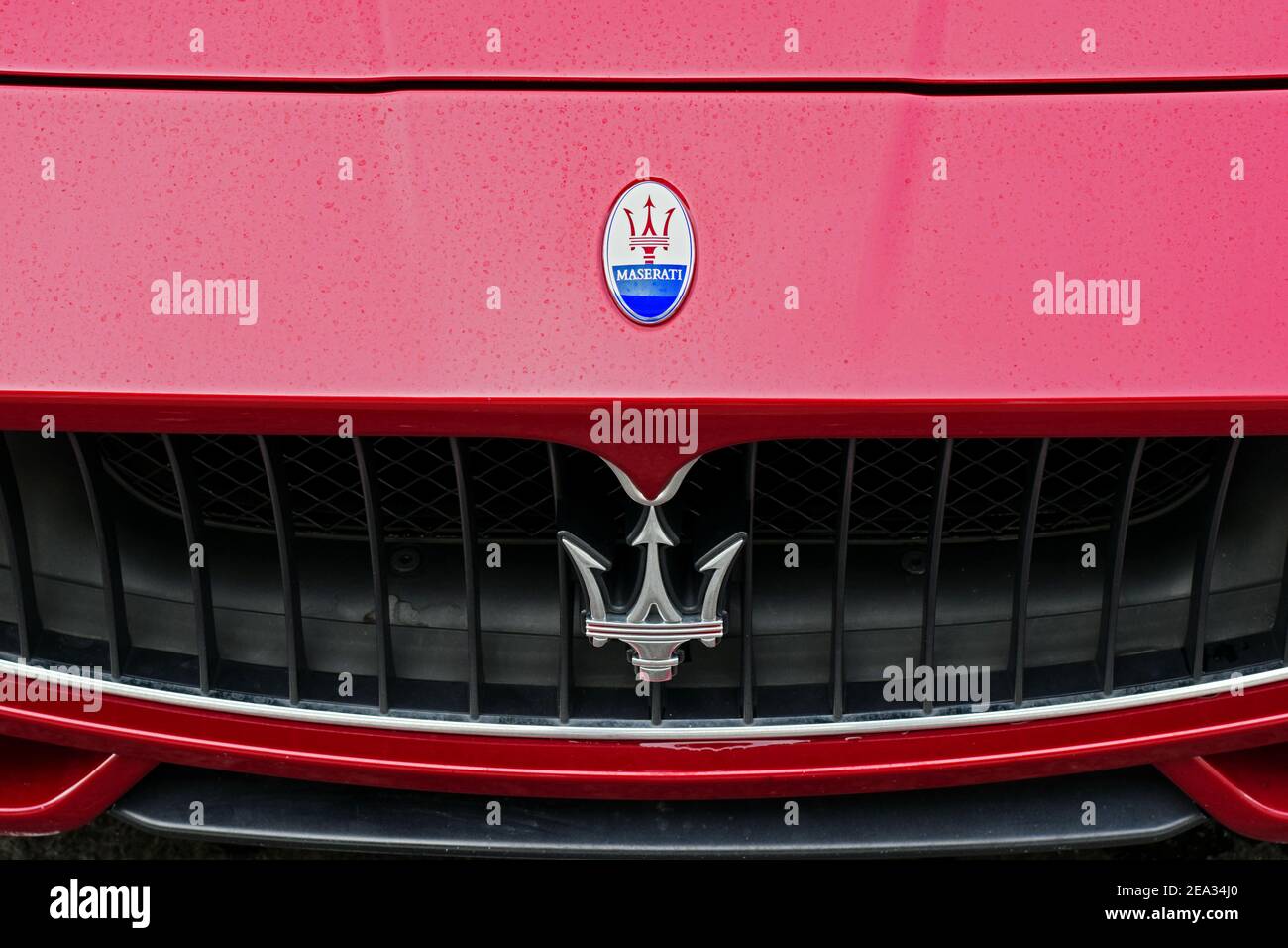 The front end of an imported 2014 Maserati showing the grill and logo. In Brooklyn, New York. Stock Photo