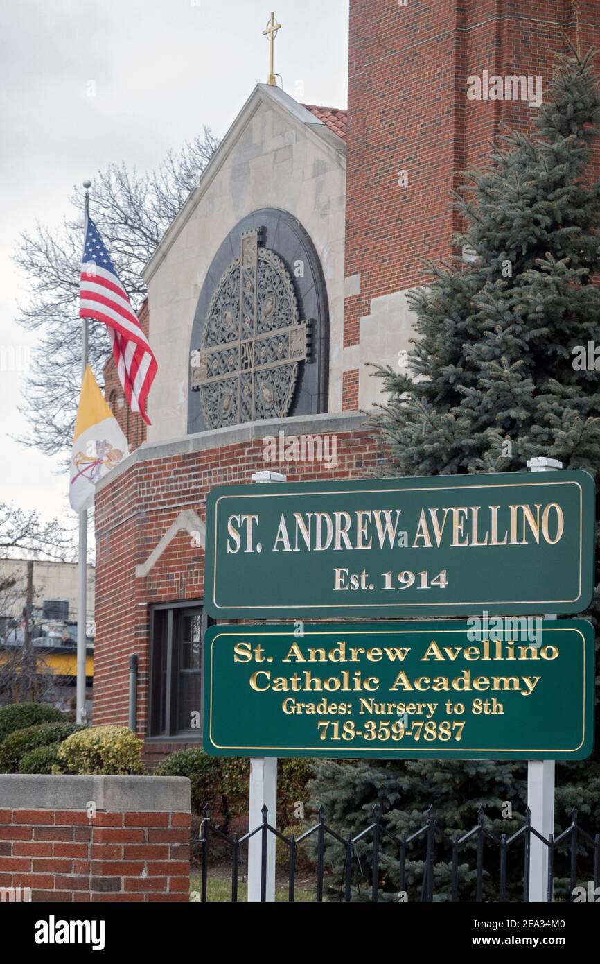 The exterior of the Saint Andrew Avellino Roman Catholic Church in the Murray Hill section of Flushing, Queens, New York City. Stock Photo