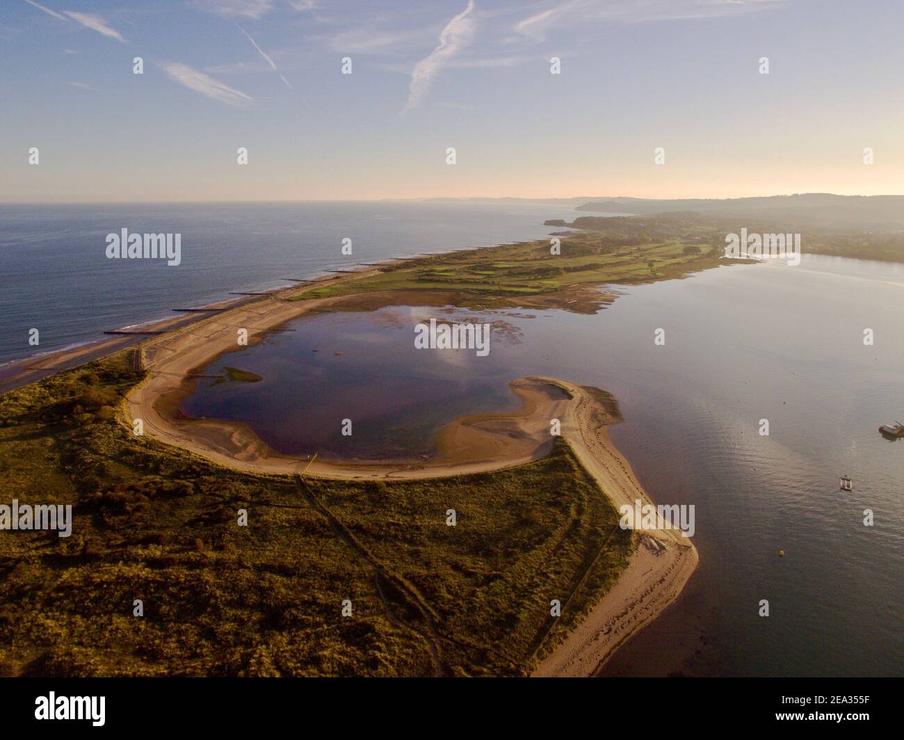 Aerial view of Dawlish Warren in Devon , UK, on a sunny evening Stock Photo