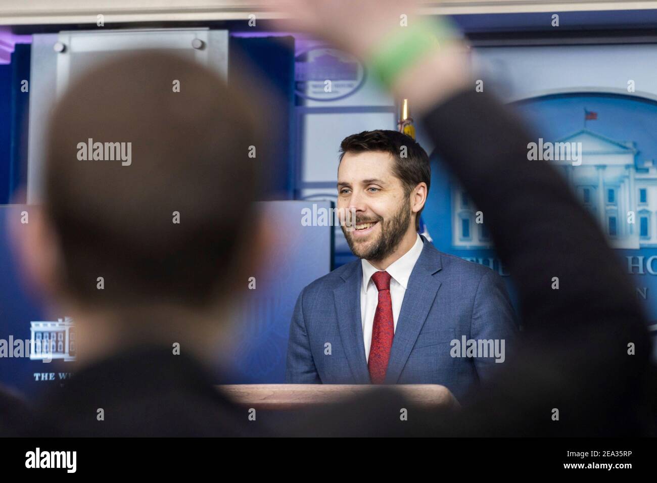 U.S National Economic Council Director Brian Deese  delivers remarks during a briefing in the James S. Brady Press Briefing Room of the White House January 22, 2021 in Washington, DC. Stock Photo