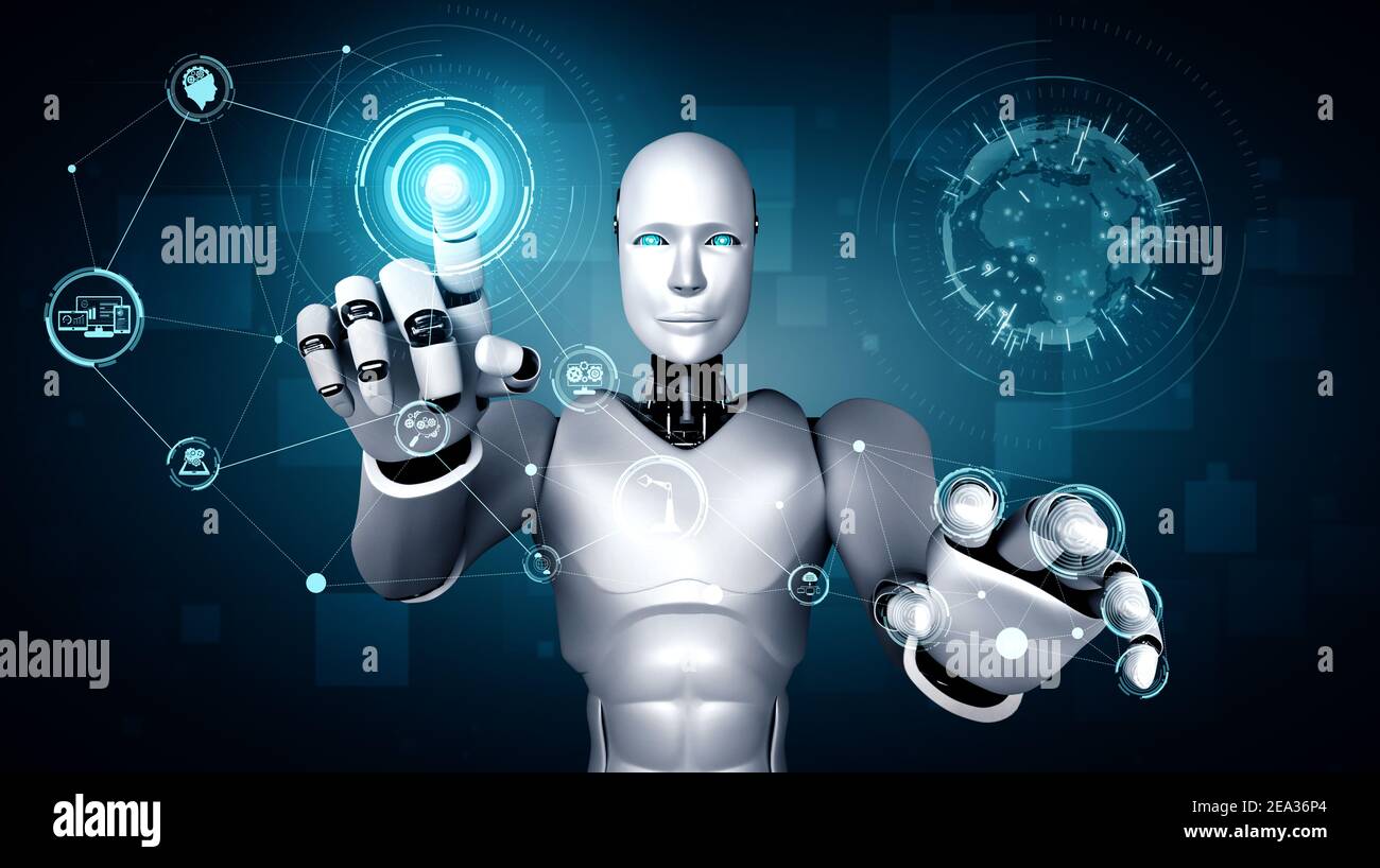 AI humanoid robot touching hologram screen shows concept of global  communication network using artificial intelligence thinking by machine  learning Stock Photo - Alamy