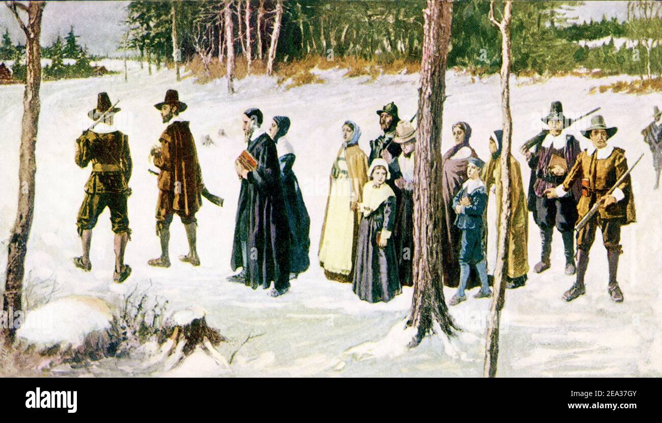 The caption for this illustration dating to 1902 reads: “From that Heroic yet Feeble Folk”-settlement of America. Here are members of an early English colony in New England. In American history, the Pilgrims were the founders of Plymouth Colony in Massachusetts. The key members of the group were English separatists who had moved to Holland in 1607-08. They obtained a charter from London Co. and, with the help of London merchants, sailed on the Mayflower in 16 Stock Photo