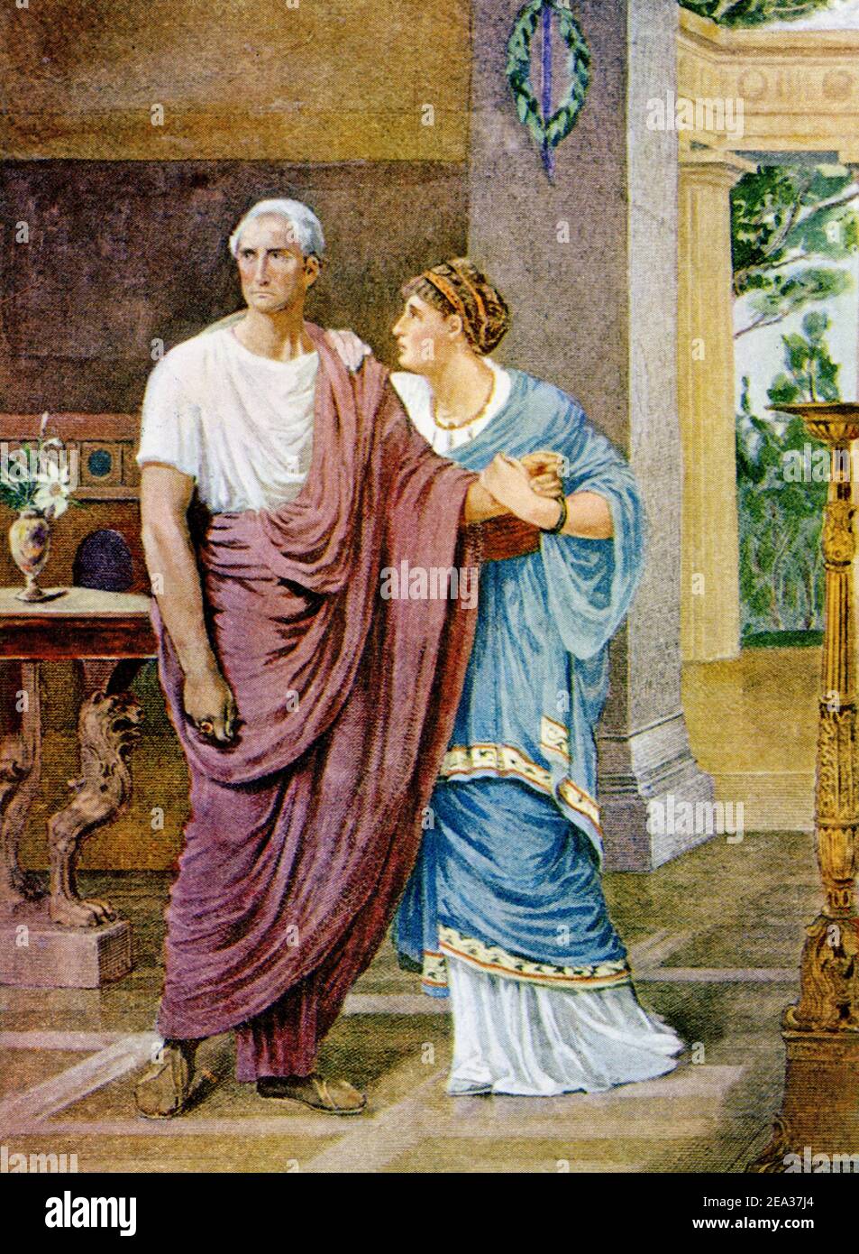 This illustration of Julius Caesar and his wife Calpurnia dates to 1902. Itshows them on the Ides of March. Julius Caesar, one of the best known military commanders in world history, was born around 102 B.C. Returning to Rome after conquering much of the Mediterranean world, he became sole ruler, taking on dictatorial powers, but his control was short-lived, as his enemies and even some followers resented his autocratic rule and conspired to assassinate him. They did so on the Ides of March (March 15 in 44 B.C.). It was said his wife Calpurnia advised him not to meet with Senators that day. Stock Photo