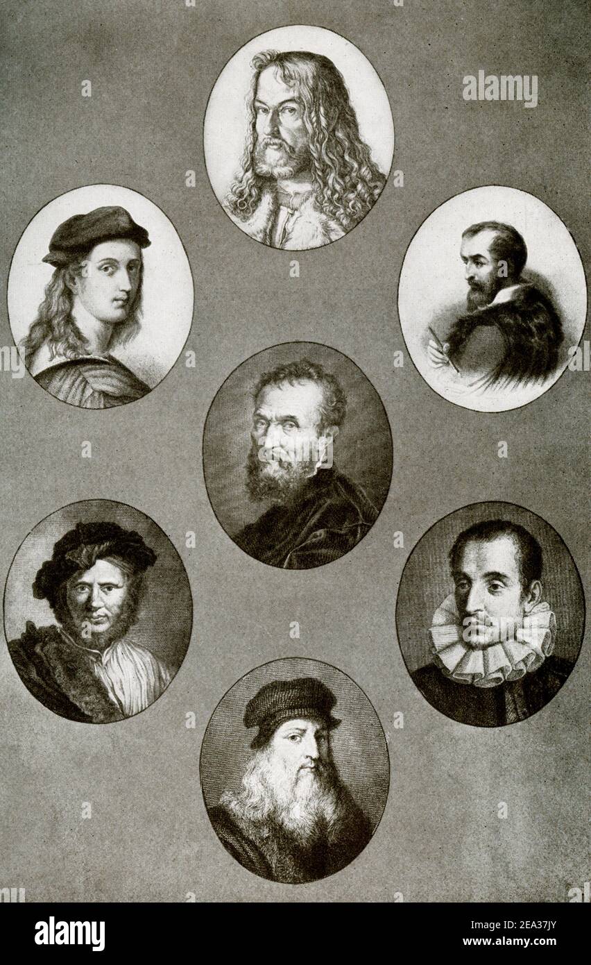 Painters of the Sixteenth Century. This illustration from 1917 shows the following artists, from left to right, top to bottom: Durer (1471-1528); Raphael (1433-1520); Correggio (1494-1534); Michelangelo (1474-1564); Holbein (1498?-1543); Veronese (1530-1588); and Leonard Da Vinci (1452-1519). Stock Photo
