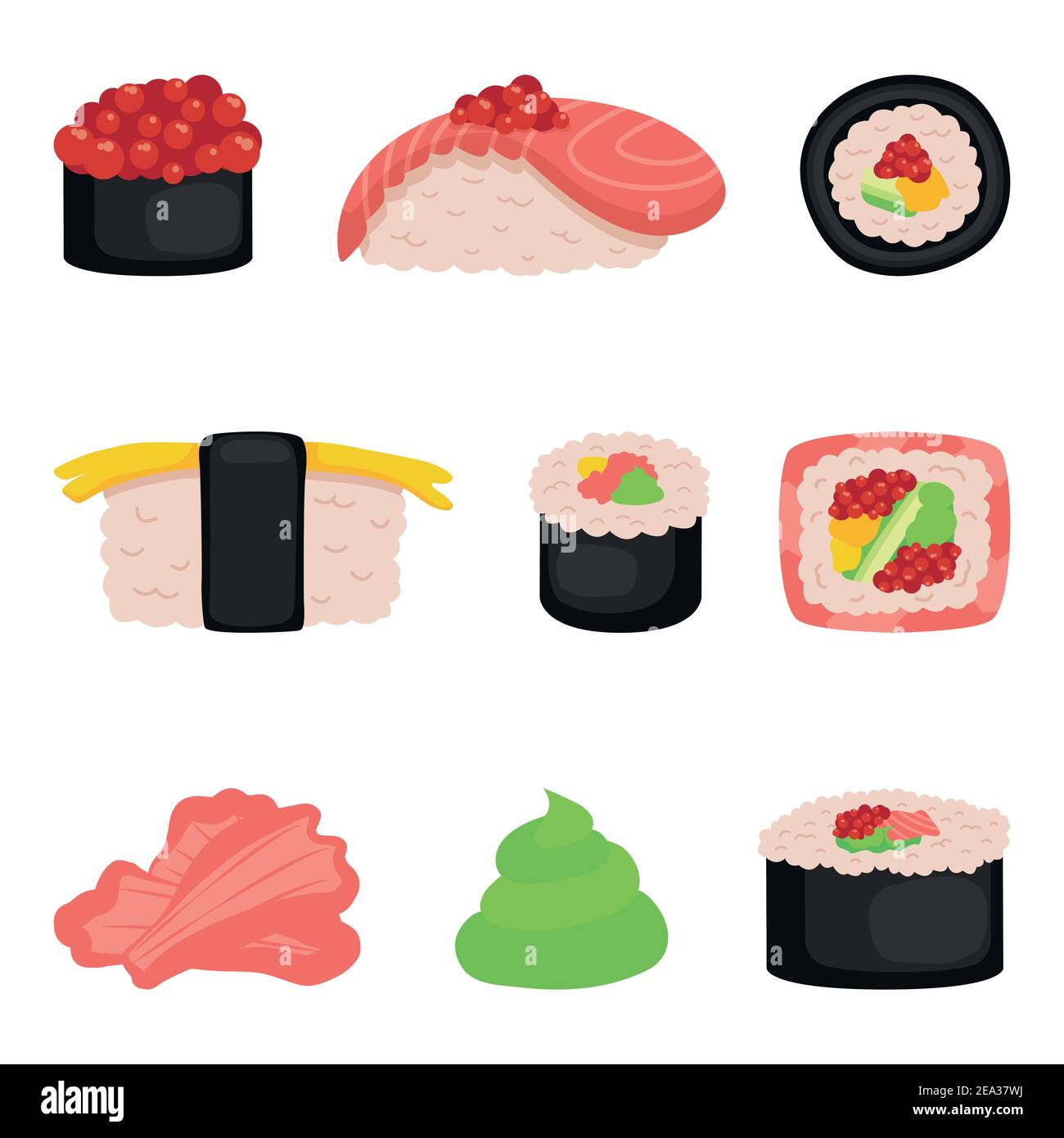 Sushi, rolls, icon set on white isolated background. Vector illustration. Stock Vector