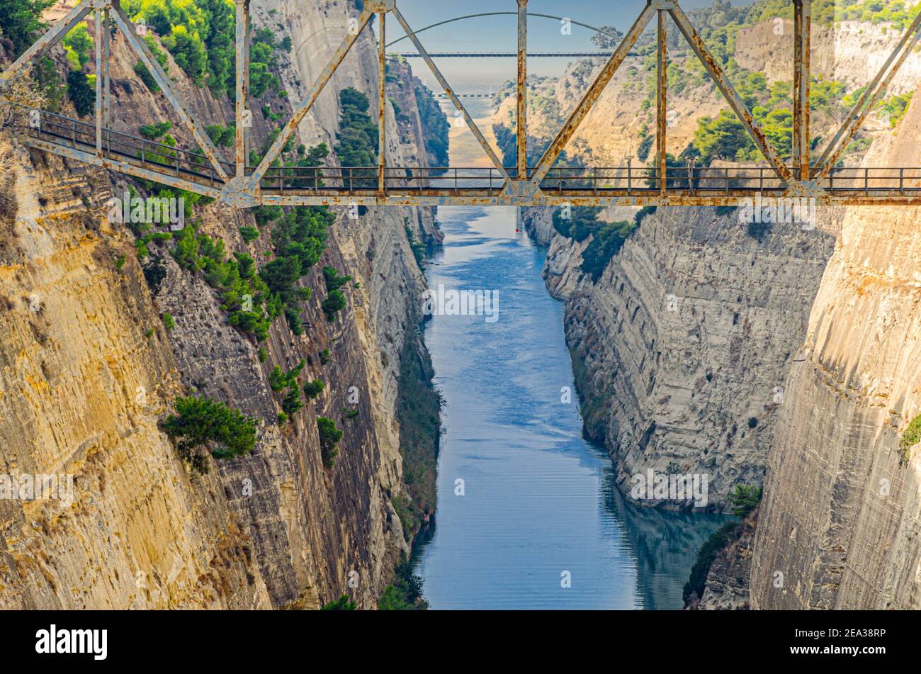 view of Corinth canal witch connects the Gulf of Corinth in the Ionian Sea with the Saronic Gulf. Greece Stock Photo