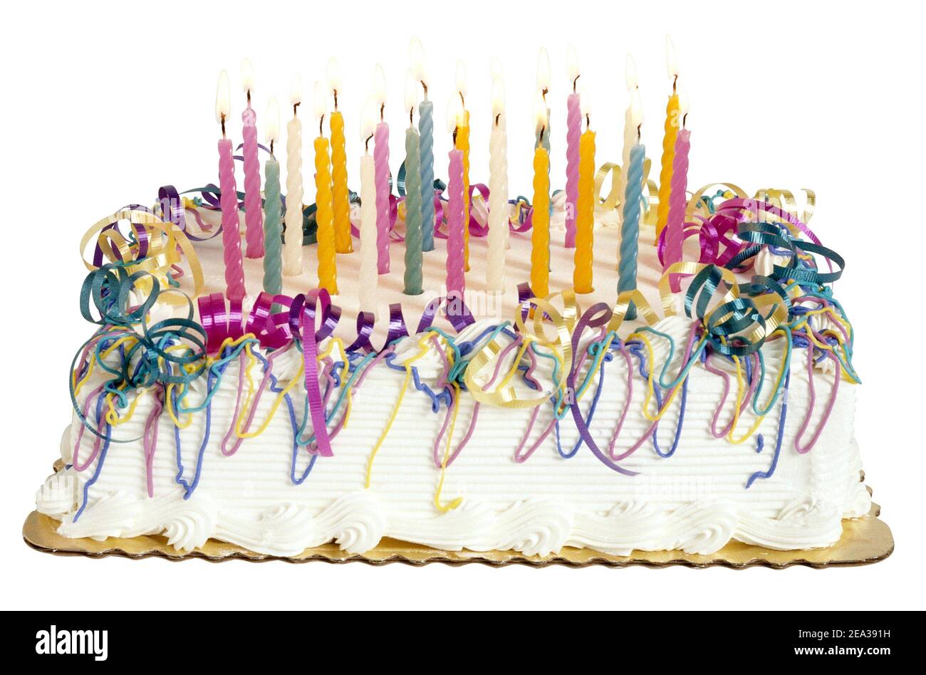 Birthday cake with candles isolated on white background Stock Photo - Alamy