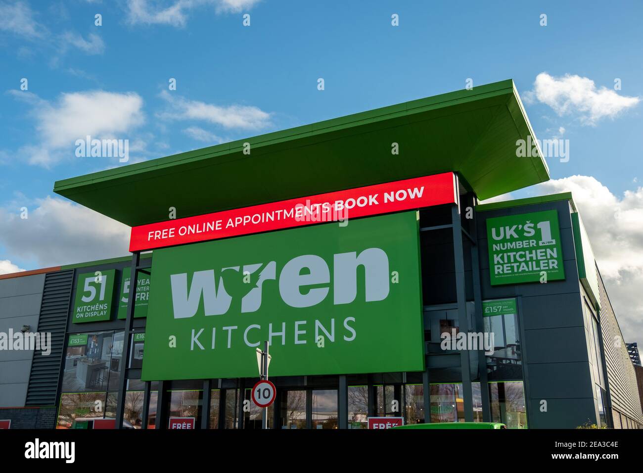 London-  Wren Kitchen store on West 5 Centre retail park, British designer, manufacturer, and retailer of kitchens Stock Photo
