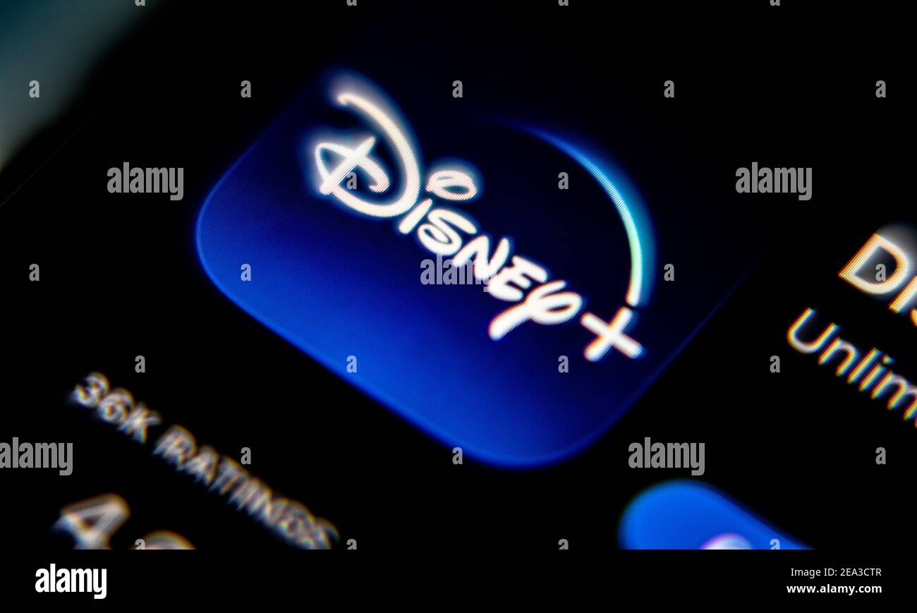 Disney Plus, Disney + Entertainment Subscription Service. Calgary Alberta Canada February 10, 2021 Stock Photo