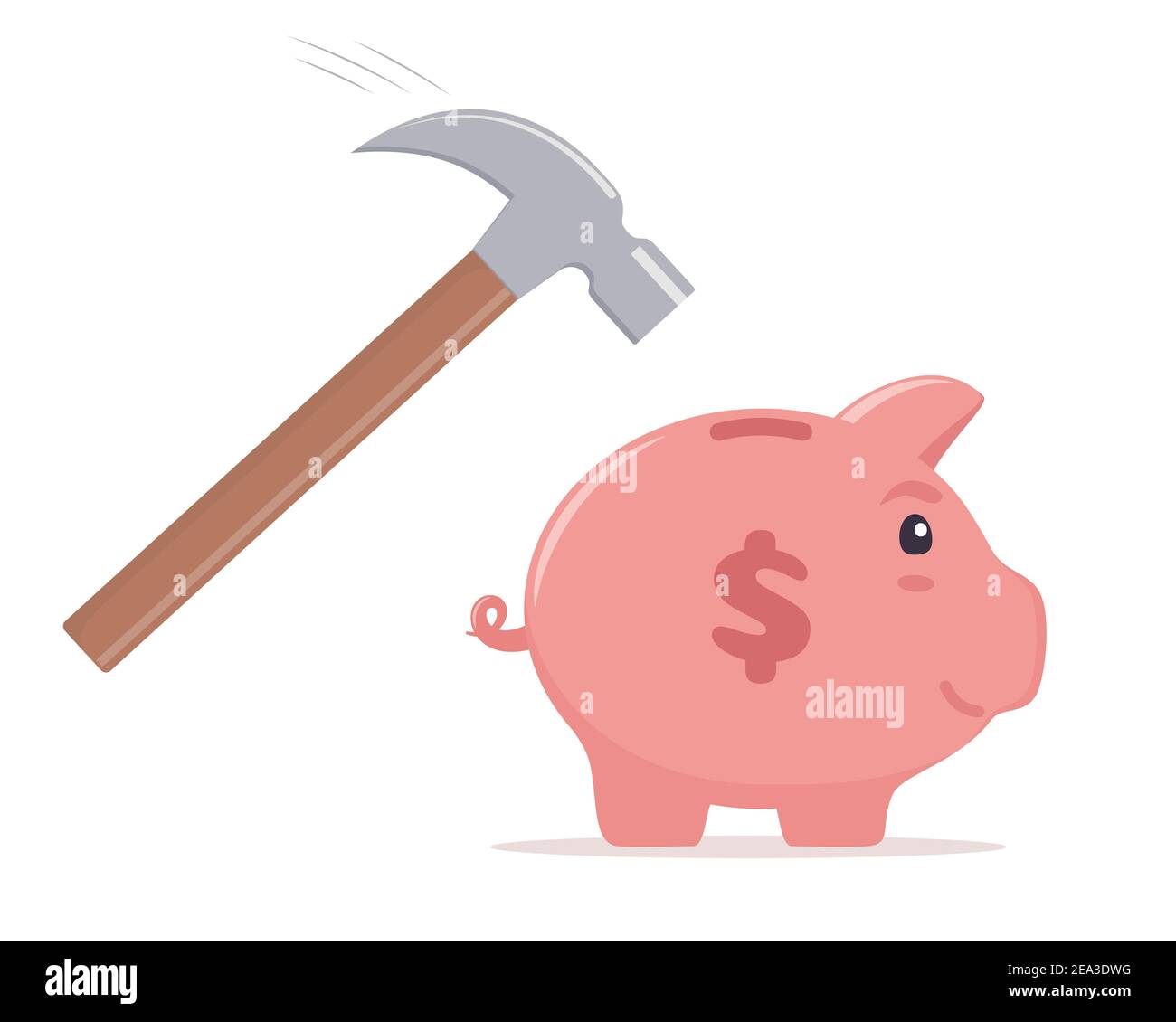Hammer going to break the piggy bank. Money saving, economy, investment, banking or business services concept. Profit, income, earnings, budget, fund. Stock Vector