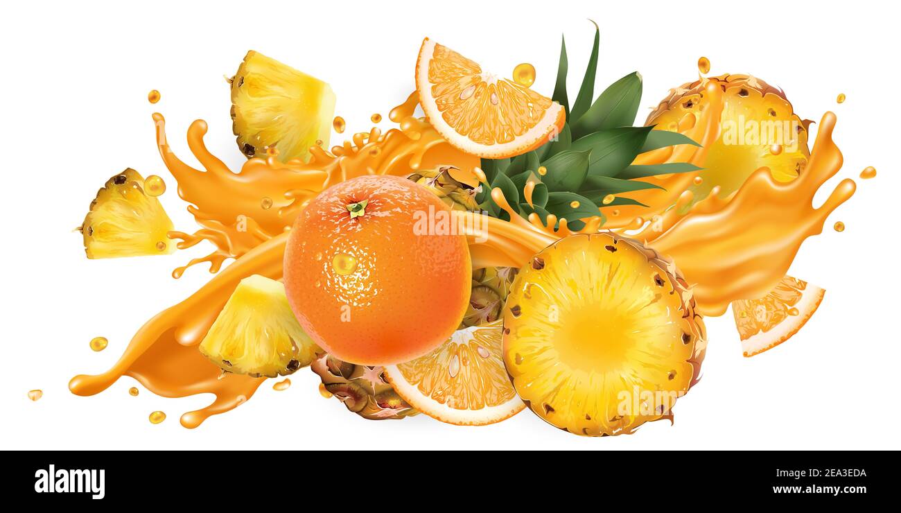Splash of fruit juice and fresh pineapple and orange. Stock Photo