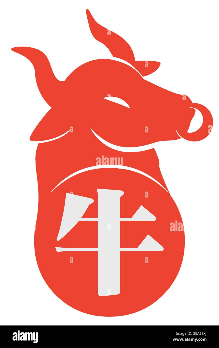 Red bullock head silhouette of Chinese Zodiac, over round button with